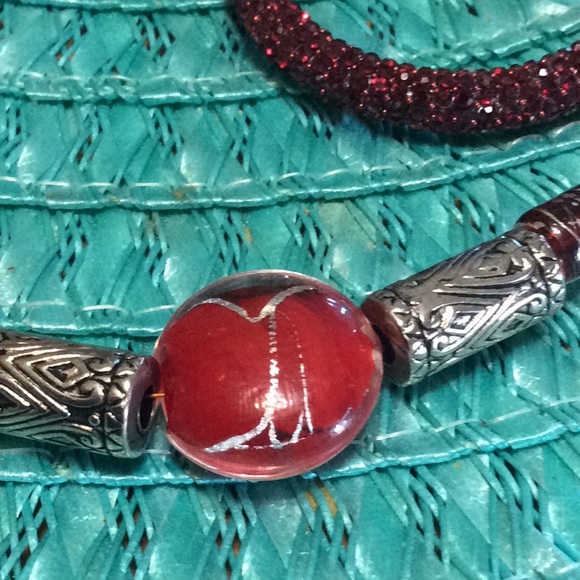 Handmade 18” necklace and 2” round earrings.  Red! - Picture 2 of 5